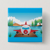 Badge Carré 5 Cm Avion de dessin sur Lake Dock Amusement Travel Adv (Devant)