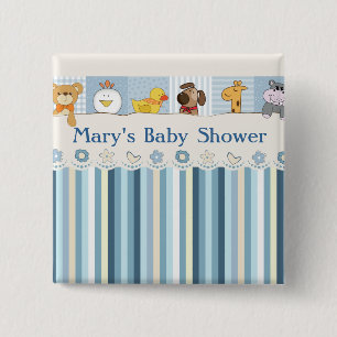 Badge Carré 5 Cm Baby shower de bleu d'animaux et de rayures de