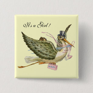 Badge Carré 5 Cm BABY SHOWER DE FILLE STORK, Crème rose