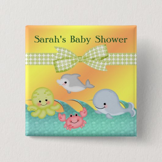 Badge Carré 5 Cm Baby shower gai de créatures de mer de bébé (Devant)