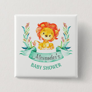 Badge Carré 5 Cm Baby shower Lion aquarelle