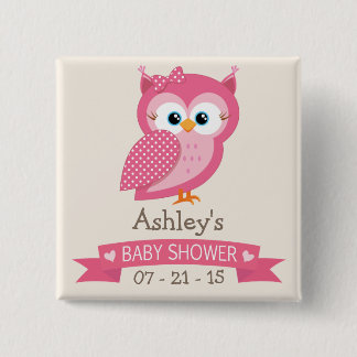 Badge Carré 5 Cm Baby shower Pot Owl rose et blanc