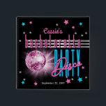 Badge Carré 5 Cm Bachelorette de la discothèque Neon Look 70 Retro<br><div class="desc">Faites un voyage vers les années 70 et la fête dans la nature avec ce boule de disco rétro "Bienvenue" au design "Bachelorette Disco Party" en rose, bleu électrique et incluant texte rose et argent avec des étoiles rose, bleu et argent (pas de papier) - le tout sur un arrière...</div>