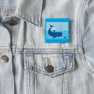 Badge Carré 5 Cm Baleine nautique et voilier océan mer bleue