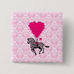 Badge Carré 5 Cm Ballons vintage zèbre et rose en forme de cœur