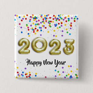 Badge Carré 5 Cm Balloons Colorés Confettis Nouvel An Or 2023