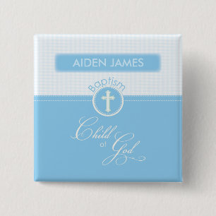 Badge Carré 5 Cm Baptême, Nom de Coutume, Enfant Bleu de Dieu