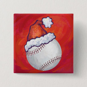 Badge Carré 5 Cm Baseball avec Santa Hat sur Rouge