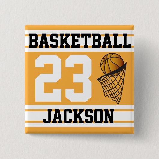 Badge Carré 5 Cm Basketball Gold & White Stripes | Texte do-it-your (Devant)
