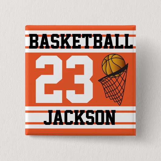 Badge Carré 5 Cm Basketball Orange & White Strips | Texte do-it-you (Devant)