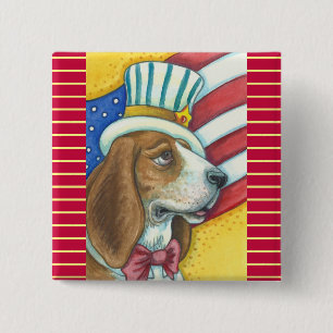 Badge Carré 5 Cm BASSET HOTEL ONCLE SAM, PATRIOTIQUE DOG Squ