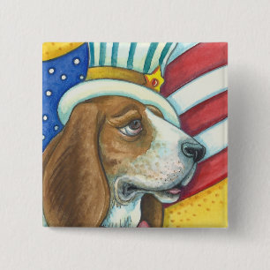 Badge Carré 5 Cm BASSET HOTEL ONCLE SAM, PATRIOTIQUE DOG Squ