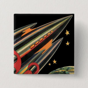 Badge Carré 5 Cm Bateau à fusée de science-fiction vintage par Spac