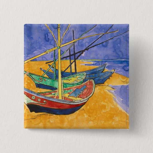 Badge Carré 5 Cm Bateaux de pêche de Vincent van Gogh | sur la (Devant)