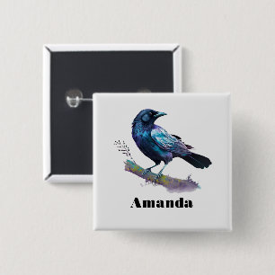 Badge Carré 5 Cm Beau Corbeau sur une branche d'arbre