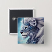 Badge Carré 5 Cm Beau Lion de Guerrier Blancs (Devant & derrière)