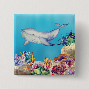 Badge Carré 5 Cm Beautiful Blue Whale Watercolor Coral Reef
