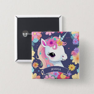 Badge Carré 5 Cm Bébé blanc adorable licorne avec fleurs