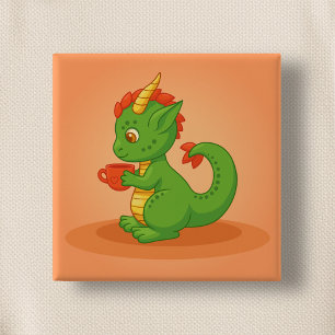 Badge Carré 5 Cm Bébé dragon mignon tenant une tasse sur orange