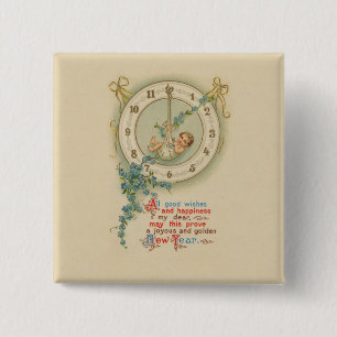 Badge Carré 5 Cm Bébé du Nouvel An Horloge Vintage