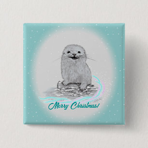 Badge Carré 5 Cm Bébé loutre de mer blanche mignonne, Joyeux Noël