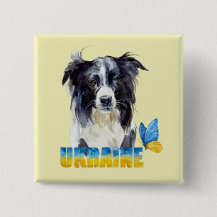 Badge Carré 5 Cm Belle aquarelle Ukraine Chien et Papillon