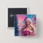 Badge Carré 5 Cm Belle fille de Noël rose 01 (Devant & derrière)