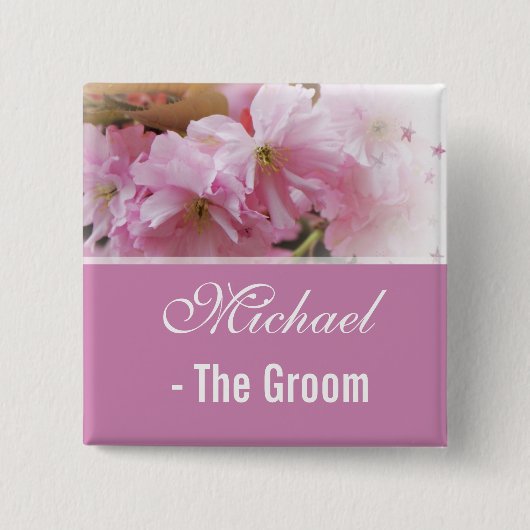 Badge Carré 5 Cm Belle fleur de cerisier rose marié (Devant)