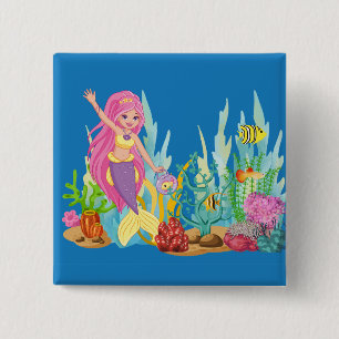 Badge Carré 5 Cm Belle sirène PINK HAIR jouant dans la mer