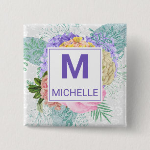Badge Carré 5 Cm Belles couleurs pastel Fleurs de printemps Monogra