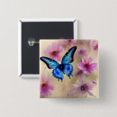 Badge Carré 5 Cm Belles fleurs et papillon (Devant & derrière)