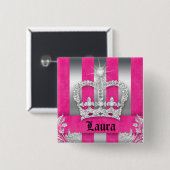 Badge Carré 5 Cm Bijoux Princess Crown Pink Stripes Brooch Argent (Devant & derrière)