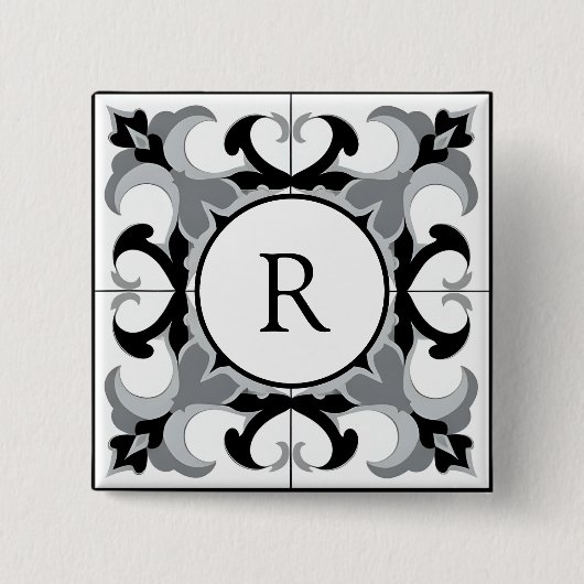 Badge Carré 5 Cm Black and White Spanish Style with Initial (Devant)