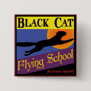 Badge Carré 5 Cm Black Cat Flying School Vintage Halloween Bouton