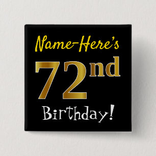 Badge Carré 5 Cm Black, Faux Gold 72e anniversaire, avec nom person
