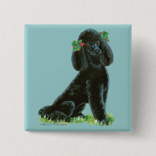 Badge Carré 5 Cm Black Poodle Christmas Holly Art Cadeaux & Cards
