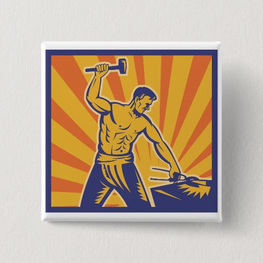 Badge Carré 5 Cm Blacksmith Hammering Retro Strongman Labor (Devant)