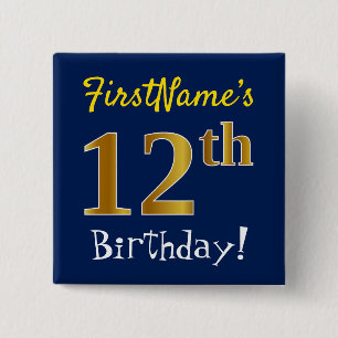 Badge Carré 5 Cm Bleu, anniversaire d'or de Faux 12ème, avec le no