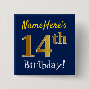 Badge Carré 5 Cm Bleu, anniversaire d'or de Faux 14ème, avec le no