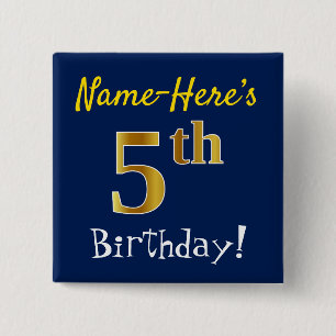 Badge Carré 5 Cm Bleu, anniversaire d'or de Faux 5ème, avec le nom