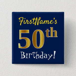 Badge Carré 5 Cm Bleu, anniversaire d'or de Faux cinquantième, ave