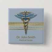 Badge Carré 5 Cm Bleu clair Caduceus Faux Gold Foil rayures Médical (Devant)