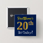 Badge Carré 5 Cm Bleu, Faux Gold 20e anniversaire, avec nom personn (Devant & derrière)