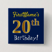 Badge Carré 5 Cm Bleu, Faux Gold 20e anniversaire, avec nom personn (Devant)
