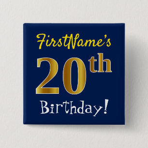 Badge Carré 5 Cm Bleu, Faux Gold 20e anniversaire, avec nom personn