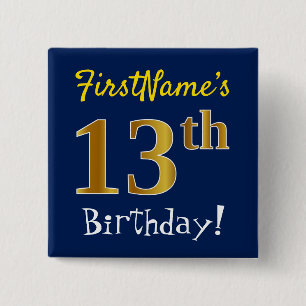 Badge Carré 5 Cm Bleu, Faux Or 13ème Anniversaire, Avec Nom Personn