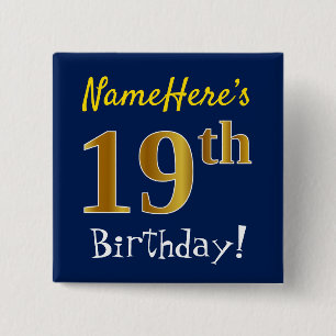 Badge Carré 5 Cm Bleu, Faux Or 19ème Anniversaire, Avec Nom Personn