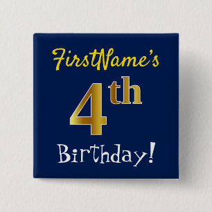 Badge Carré 5 Cm Bleu, Faux Or 4ème Anniversaire, Avec Nom Personna