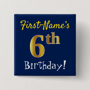 Badge Carré 5 Cm Bleu, Faux Or 6ème anniversaire, avec nom personna