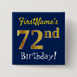 Badge Carré 5 Cm Bleu, Faux Or 72e Anniversaire, Avec Nom Personnal